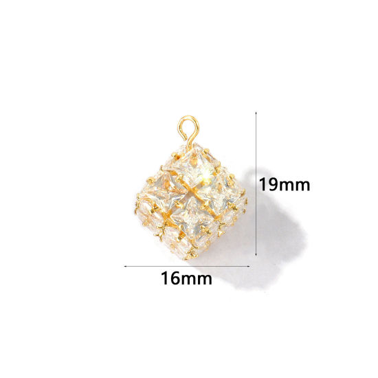 Image de 1 Pièce Breloques En Gros en Laiton Respectueux de la Nature Géométrique Plaqué Or Véritable 18K Cube à Zircone Cubique Clair 19mm x 16mm