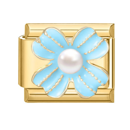 Imagen de 1 Unidad 304 Acero Inoxidable Exquisito Eslabones de Encanto Italianos para Hacer Pulseras Modulares Relojes y Joyas DIY Al Por Mayor Chapado en Oro Azul Esmalte Rectángulo Flor Imitación de perla 10mm x 9mm