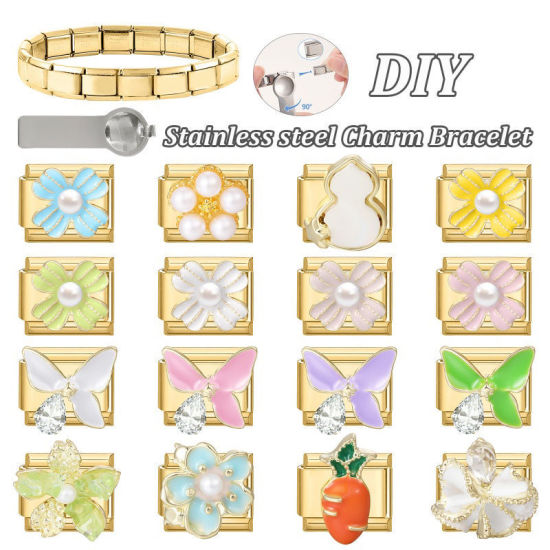 Imagen de 1 Unidad 304 Acero Inoxidable Exquisito Eslabones de Encanto Italianos para Hacer Pulseras Modulares Relojes y Joyas DIY Al Por Mayor Chapado en Oro Azul Esmalte Rectángulo Flor Imitación de perla 10mm x 9mm