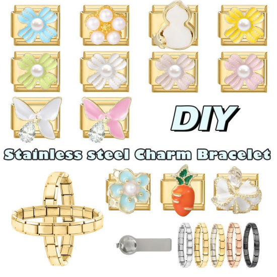 Imagen de 1 Unidad 304 Acero Inoxidable Exquisito Eslabones de Encanto Italianos para Hacer Pulseras Modulares Relojes y Joyas DIY Al Por Mayor Chapado en Oro Azul Esmalte Rectángulo Flor Imitación de perla 10mm x 9mm