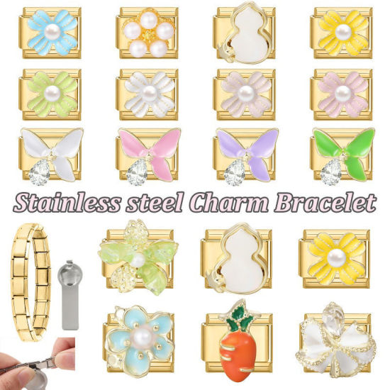 Imagen de 1 Unidad 304 Acero Inoxidable Exquisito Eslabones de Encanto Italianos para Hacer Pulseras Modulares Relojes y Joyas DIY Al Por Mayor Chapado en Oro Azul Esmalte Rectángulo Flor Imitación de perla 10mm x 9mm