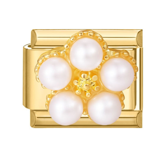 Imagen de 1 Unidad 304 Acero Inoxidable Exquisito Eslabones de Encanto Italianos para Hacer Pulseras Modulares Relojes y Joyas DIY Al Por Mayor Chapado en Oro Blanco Rectángulo Flor Imitación de perla 10mm x 9mm