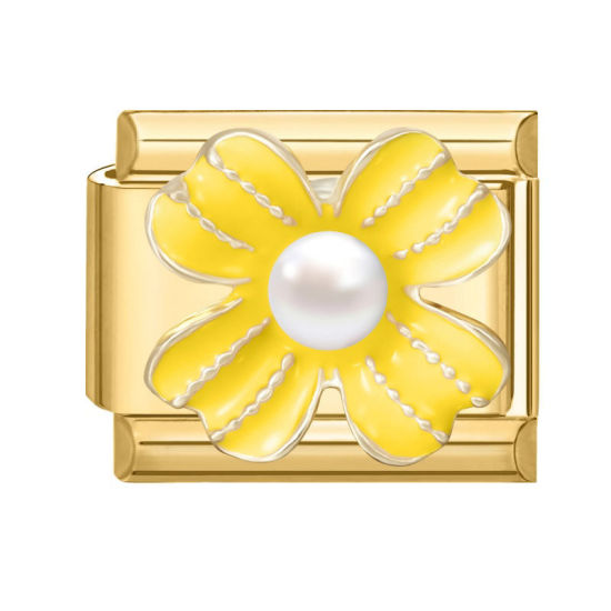 Imagen de 1 Unidad 304 Acero Inoxidable Exquisito Eslabones de Encanto Italianos para Hacer Pulseras Modulares Relojes y Joyas DIY Al Por Mayor Chapado en Oro Amarillo Esmalte Rectángulo Flor Imitación de perla 10mm x 9mm