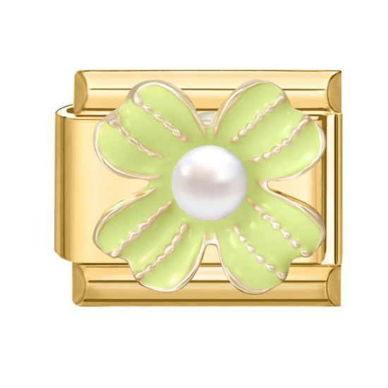 Imagen de 1 Unidad 304 Acero Inoxidable Exquisito Eslabones de Encanto Italianos para Hacer Pulseras Modulares Relojes y Joyas DIY Al Por Mayor Chapado en Oro Verde Esmalte Rectángulo Flor Imitación de perla 10mm x 9mm
