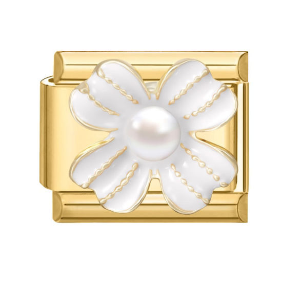 Imagen de 1 Unidad 304 Acero Inoxidable Exquisito Eslabones de Encanto Italianos para Hacer Pulseras Modulares Relojes y Joyas DIY Al Por Mayor Chapado en Oro Blanco Esmalte Rectángulo Flor Imitación de perla 10mm x 9mm