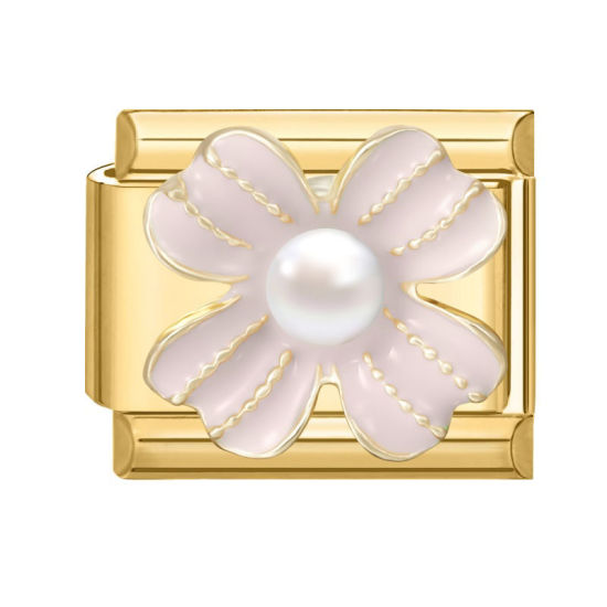 Imagen de 1 Unidad 304 Acero Inoxidable Exquisito Eslabones de Encanto Italianos para Hacer Pulseras Modulares Relojes y Joyas DIY Al Por Mayor Chapado en Oro Beige como melocotón Esmalte Rectángulo Flor Imitación de perla 10mm x 9mm