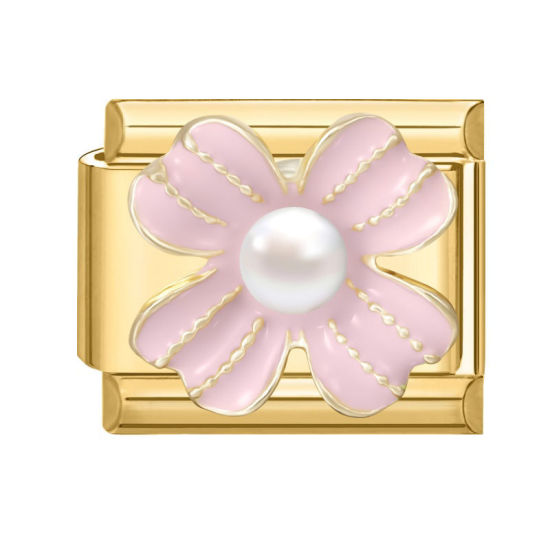 Imagen de 1 Unidad 304 Acero Inoxidable Exquisito Eslabones de Encanto Italianos para Hacer Pulseras Modulares Relojes y Joyas DIY Al Por Mayor Chapado en Oro Rosado Esmalte Rectángulo Flor Imitación de perla 10mm x 9mm
