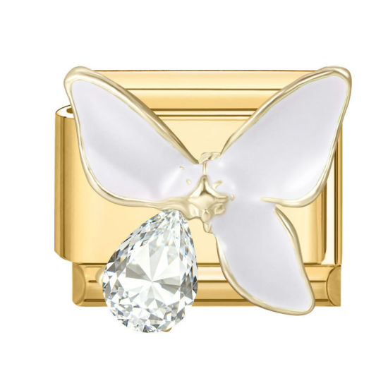 Imagen de 1 Unidad 304 Acero Inoxidable Exquisito Eslabones de Encanto Italianos para Hacer Pulseras Modulares Relojes y Joyas DIY Al Por Mayor Chapado en Oro Blanco Esmalte Rectángulo Mariposa Transparente Rhinestone 10mm x 9mm