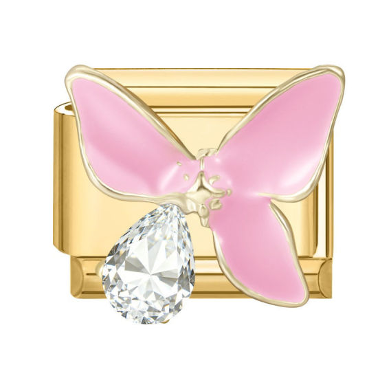 Imagen de 1 Unidad 304 Acero Inoxidable Exquisito Eslabones de Encanto Italianos para Hacer Pulseras Modulares Relojes y Joyas DIY Al Por Mayor Chapado en Oro Rosado Esmalte Rectángulo Mariposa Transparente Rhinestone 10mm x 9mm