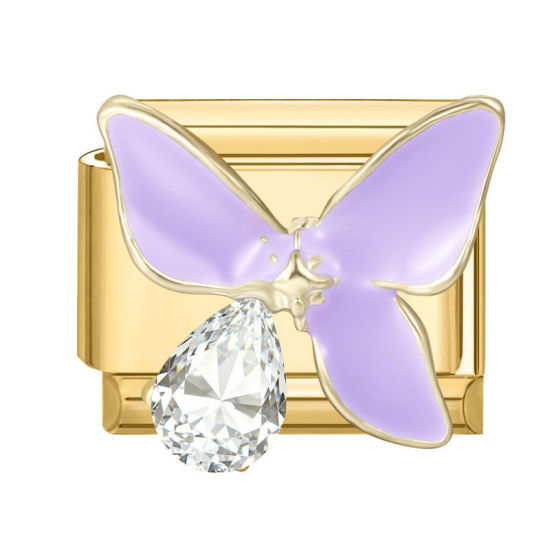 Imagen de 1 Unidad 304 Acero Inoxidable Exquisito Eslabones de Encanto Italianos para Hacer Pulseras Modulares Relojes y Joyas DIY Al Por Mayor Chapado en Oro Púrpura Esmalte Rectángulo Mariposa Transparente Rhinestone 10mm x 9mm