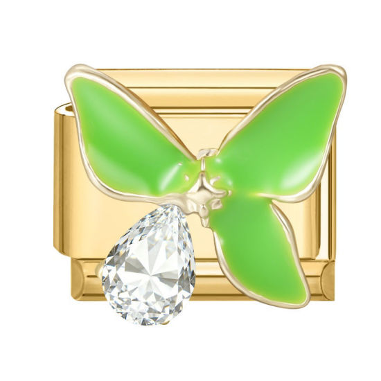 Imagen de 1 Unidad 304 Acero Inoxidable Exquisito Eslabones de Encanto Italianos para Hacer Pulseras Modulares Relojes y Joyas DIY Al Por Mayor Chapado en Oro Verde Esmalte Rectángulo Mariposa Transparente Rhinestone 10mm x 9mm