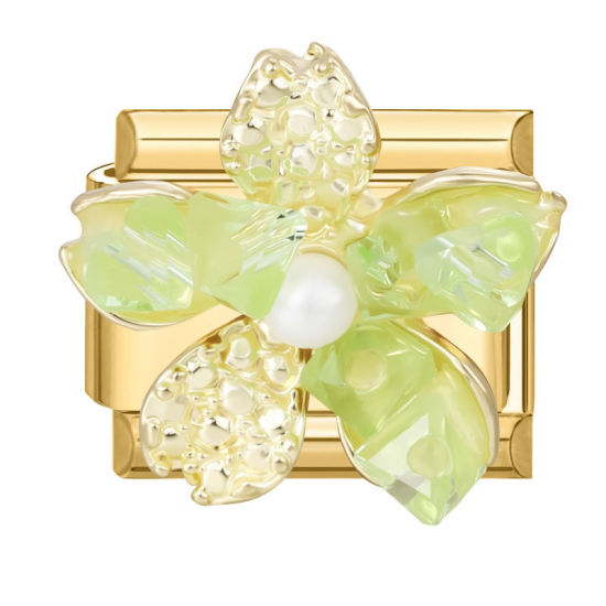 Imagen de 1 Unidad 304 Acero Inoxidable Exquisito Eslabones de Encanto Italianos para Hacer Pulseras Modulares Relojes y Joyas DIY Al Por Mayor Chapado en Oro Verde Rectángulo Flor Imitación de perla 10mm x 9mm