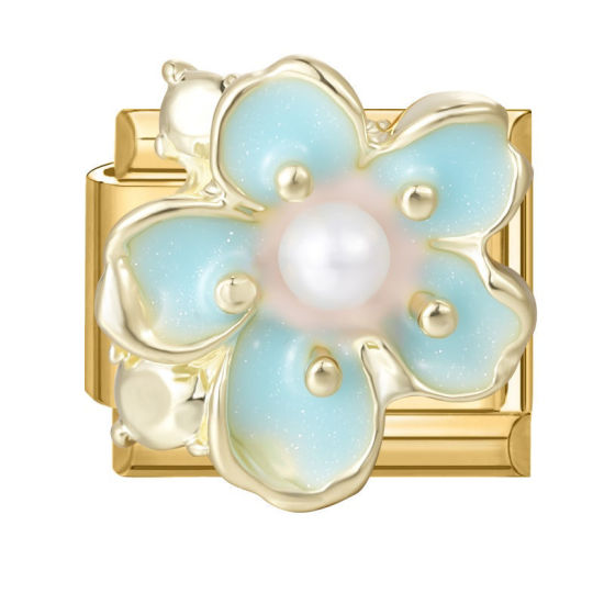 Imagen de 1 Unidad 304 Acero Inoxidable Exquisito Eslabones de Encanto Italianos para Hacer Pulseras Modulares Relojes y Joyas DIY Al Por Mayor Chapado en Oro Azul Esmalte Rectángulo Flor Imitación de perla 10mm x 9mm