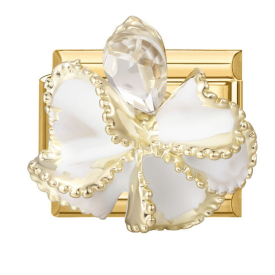 Imagen de 1 Unidad 304 Acero Inoxidable Exquisito Eslabones de Encanto Italianos para Hacer Pulseras Modulares Relojes y Joyas DIY Al Por Mayor Chapado en Oro Blanco Esmalte Rectángulo Flor Transparente Rhinestone 10mm x 9mm