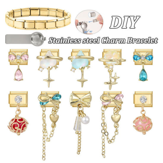 Imagen de 1 Unidad 304 Acero Inoxidable Exquisito Eslabones de Encanto Italianos para Hacer Pulseras Modulares Relojes y Joyas DIY Al Por Mayor Chapado en Oro Rectángulo Nudo Mariposa Rosa Rhinestone 10mm x 9mm