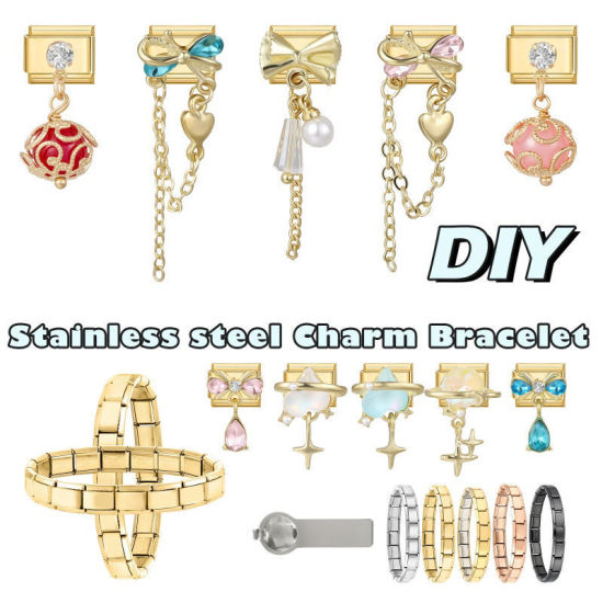 Imagen de 1 Unidad 304 Acero Inoxidable Exquisito Eslabones de Encanto Italianos para Hacer Pulseras Modulares Relojes y Joyas DIY Al Por Mayor Chapado en Oro Rectángulo Nudo Mariposa Rosa Rhinestone 10mm x 9mm