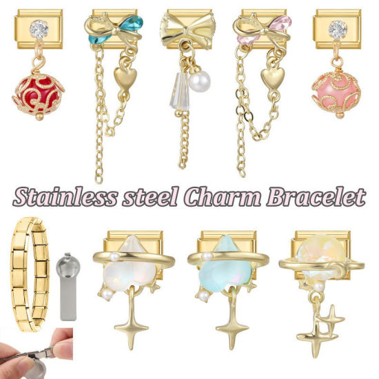 Imagen de 1 Unidad 304 Acero Inoxidable Exquisito Eslabones de Encanto Italianos para Hacer Pulseras Modulares Relojes y Joyas DIY Al Por Mayor Chapado en Oro Rectángulo Nudo Mariposa Rosa Rhinestone 10mm x 9mm