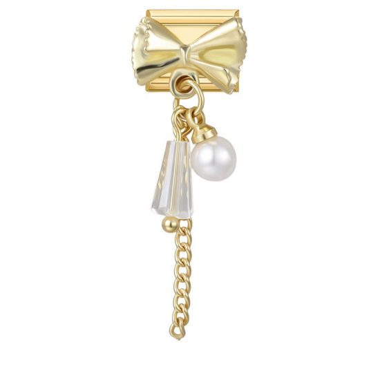 Imagen de 1 Unidad 304 Acero Inoxidable Exquisito Eslabones de Encanto Italianos para Hacer Pulseras Modulares Relojes y Joyas DIY Al Por Mayor Chapado en Oro Blanco Rectángulo Nudo Mariposa Imitación de perla 10mm x 9mm