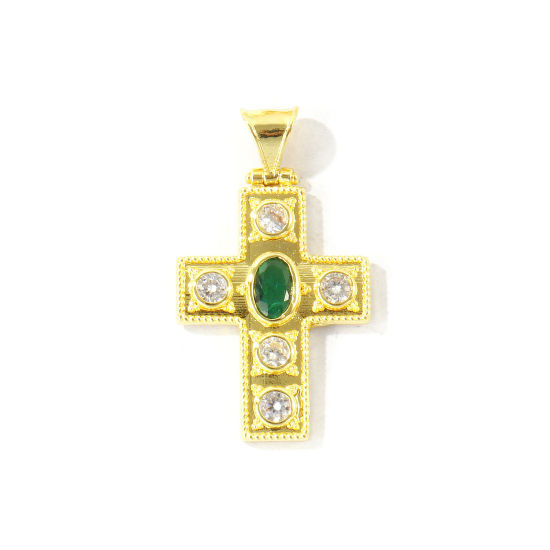 Изображение 1 ШТ Экологичный Латунь религия Подвески Оптовая 18K настоящее золото с покрытием Крест Изумруд Искусственный Циркон 3.3см x 1.9см