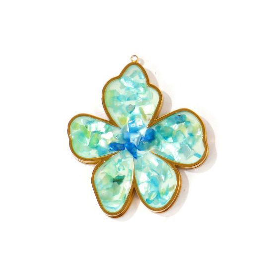 Picture of 1 Piece Eco-friendly PVD Waterproof Anti-Tarnish Hypoallergenic 304 Stainless Steel & Natural Shell Handmade Resin Jewelry Real Gravel Pendants Wholesale 18K Real Gold Plated Blue Flower 3.8cm x 3.2cm