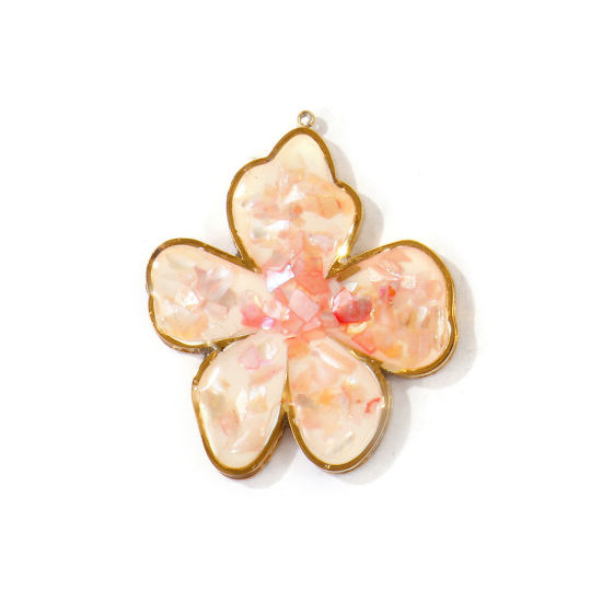 Picture of 1 Piece Eco-friendly PVD Waterproof Anti-Tarnish Hypoallergenic 304 Stainless Steel & Natural Shell Handmade Resin Jewelry Real Gravel Pendants Wholesale 18K Real Gold Plated Orange Pink Flower 3.8cm x 3.2cm