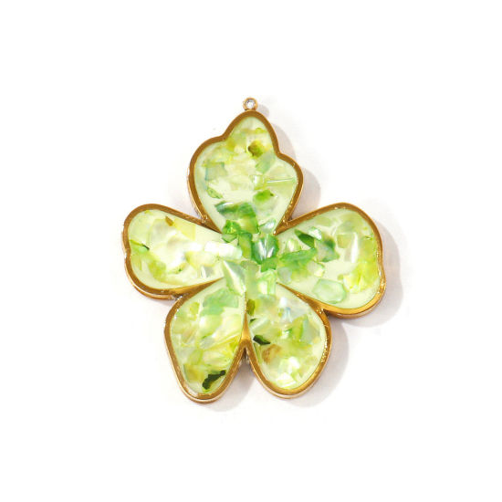 Picture of 1 Piece Eco-friendly PVD Waterproof Anti-Tarnish Hypoallergenic 304 Stainless Steel & Natural Shell Handmade Resin Jewelry Real Gravel Pendants Wholesale 18K Real Gold Plated Green Flower 3.8cm x 3.2cm