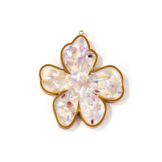 Picture of 1 Piece Eco-friendly PVD Waterproof Anti-Tarnish Hypoallergenic 304 Stainless Steel & Natural Shell Handmade Resin Jewelry Real Gravel Pendants Wholesale 18K Real Gold Plated Purple Flower 3.8cm x 3.2cm