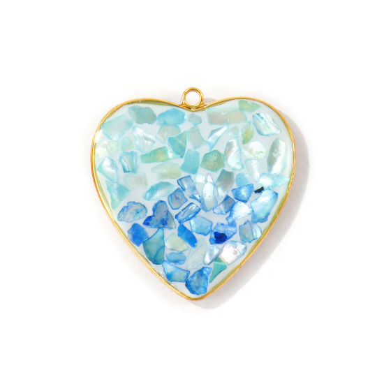 Picture of 1 Piece Eco-friendly PVD Waterproof Anti-Tarnish Hypoallergenic 304 Stainless Steel & Natural Shell Handmade Resin Jewelry Real Gravel Pendants Wholesale 18K Real Gold Plated Blue Heart 3.3cm x 3.2cm