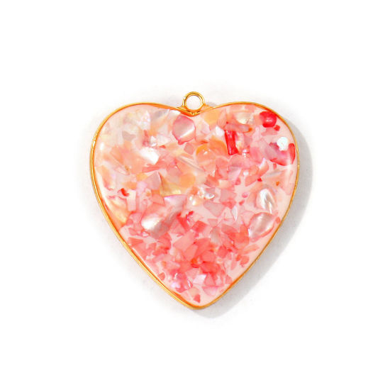 Picture of 1 Piece Eco-friendly PVD Waterproof Anti-Tarnish Hypoallergenic 304 Stainless Steel & Natural Shell Handmade Resin Jewelry Real Gravel Pendants Wholesale 18K Real Gold Plated Orange Pink Heart 3.3cm x 3.2cm