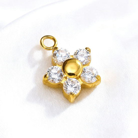 Bild von 2 Stück PVD 304 Edelstahl Charms Großhandel 18K Vergoldet Blumen Klar Zirkonia 8.9mm x 8.9mm