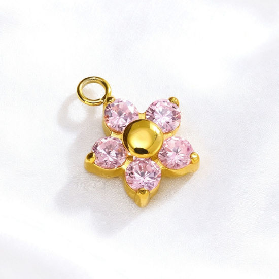 Bild von 2 Stück PVD 304 Edelstahl Charms Großhandel 18K Vergoldet Blumen Rosa Zirkonia 8.9mm x 8.9mm