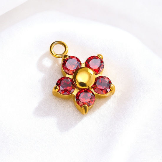 Bild von 2 Stück PVD 304 Edelstahl Charms Großhandel 18K Vergoldet Blumen Rot Zirkonia 8.9mm x 8.9mm
