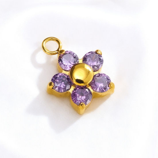 Bild von 2 Stück PVD 304 Edelstahl Charms Großhandel 18K Vergoldet Blumen Lila Zirkonia 8.9mm x 8.9mm