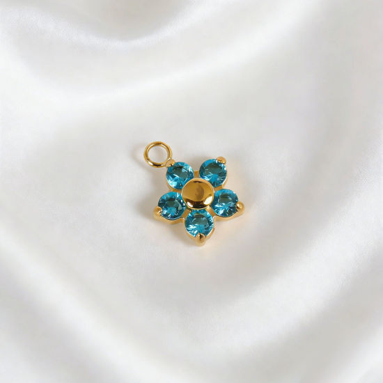 Bild von 2 Stück PVD 304 Edelstahl Charms Großhandel 18K Vergoldet Blumen Blau Zirkonia 8.9mm x 8.9mm