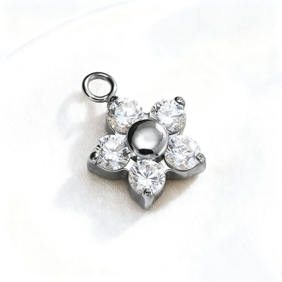 Bild von 2 Stück 304 Edelstahl Charms Großhandel Silberfarbe Blumen Klar Zirkonia 8.9mm x 8.9mm