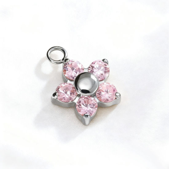Bild von 2 Stück 304 Edelstahl Charms Großhandel Silberfarbe Blumen Rosa Zirkonia 8.9mm x 8.9mm
