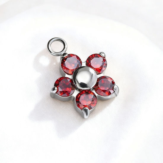 Bild von 2 Stück 304 Edelstahl Charms Großhandel Silberfarbe Blumen Rot Zirkonia 8.9mm x 8.9mm