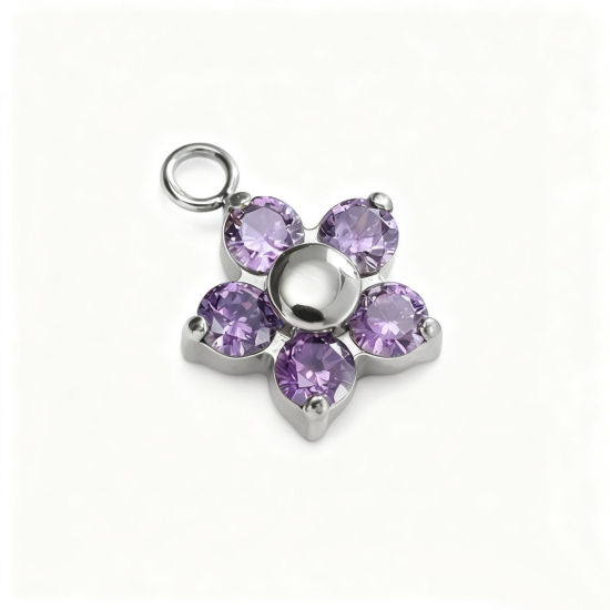 Bild von 2 Stück 304 Edelstahl Charms Großhandel Silberfarbe Blumen Lila Zirkonia 8.9mm x 8.9mm