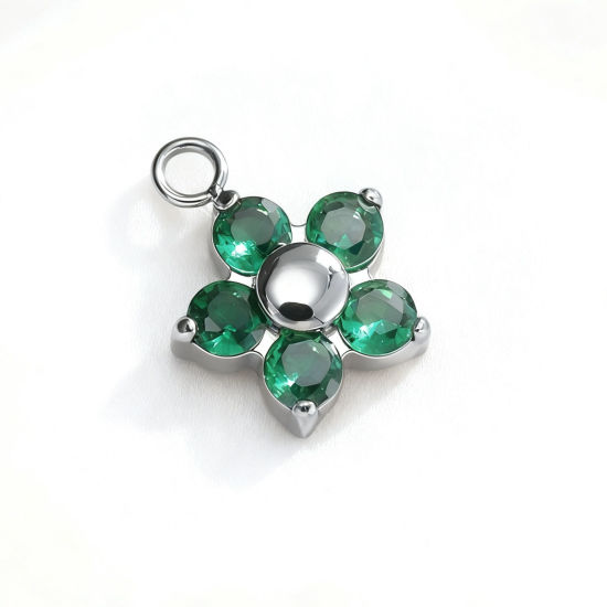 Bild von 2 Stück 304 Edelstahl Charms Großhandel Silberfarbe Blumen Grün Zirkonia 8.9mm x 8.9mm