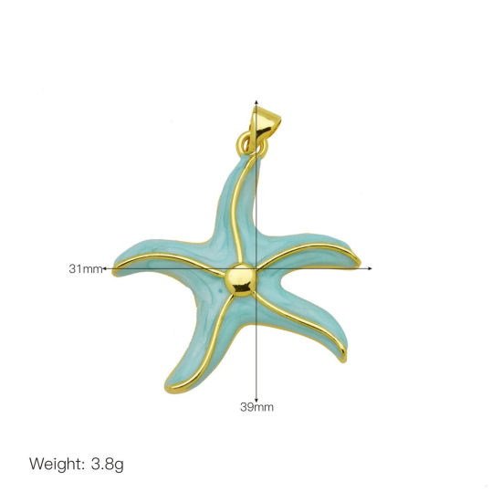 Bild von 2 Stück Messing Ozean Schmuck Anhänger Großhandel 18K Vergoldet Azurblau Emaille Seesterne 3.9cm x 3.1cm