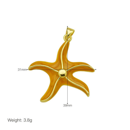 Bild von 2 Stück Messing Ozean Schmuck Anhänger Großhandel 18K Vergoldet Orange Emaille Seesterne 3.9cm x 3.1cm