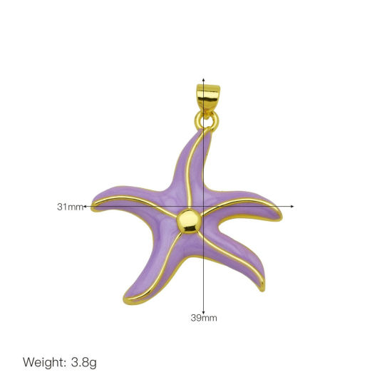 Bild von 2 Stück Messing Ozean Schmuck Anhänger Großhandel 18K Vergoldet Lila Emaille Seesterne 3.9cm x 3.1cm