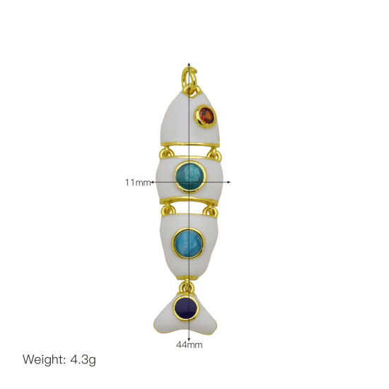 Bild von 2 Stück Messing und Harz Ozean Schmuck Anhänger Großhandel 18K Vergoldet Weiß Emaille Fisch Beweglich Orangerot Zirkonia 4.1cm x 1.1cm
