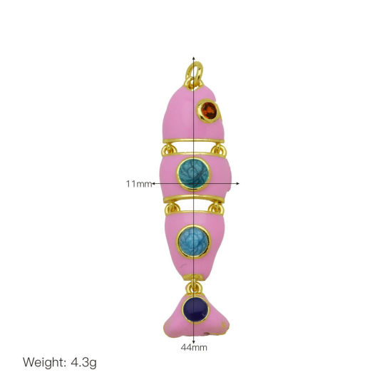 Bild von 2 Stück Messing und Harz Ozean Schmuck Anhänger Großhandel 18K Vergoldet Rosa Emaille Fisch Beweglich Orangerot Zirkonia 4.1cm x 1.1cm