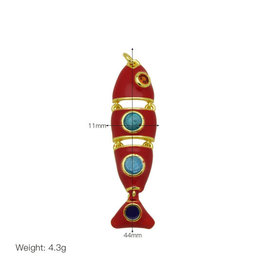 Bild von 2 Stück Messing und Harz Ozean Schmuck Anhänger Großhandel 18K Vergoldet Rot Emaille Fisch Beweglich Orangerot Zirkonia 4.1cm x 1.1cm