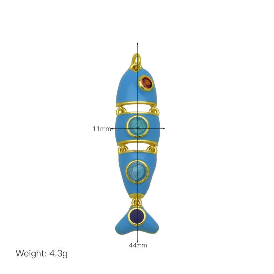 Bild von 2 Stück Messing und Harz Ozean Schmuck Anhänger Großhandel 18K Vergoldet Blau Emaille Fisch Beweglich Orangerot Zirkonia 4.1cm x 1.1cm