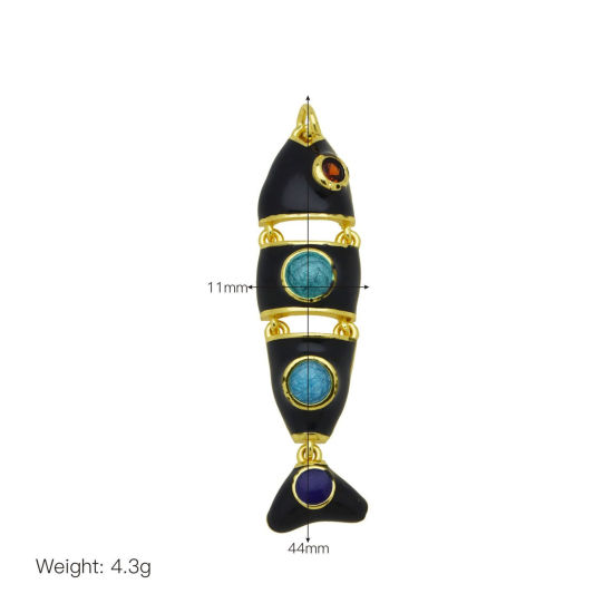 Bild von 2 Stück Messing und Harz Ozean Schmuck Anhänger Großhandel 18K Vergoldet Schwarz Emaille Fisch Beweglich Orangerot Zirkonia 4.1cm x 1.1cm