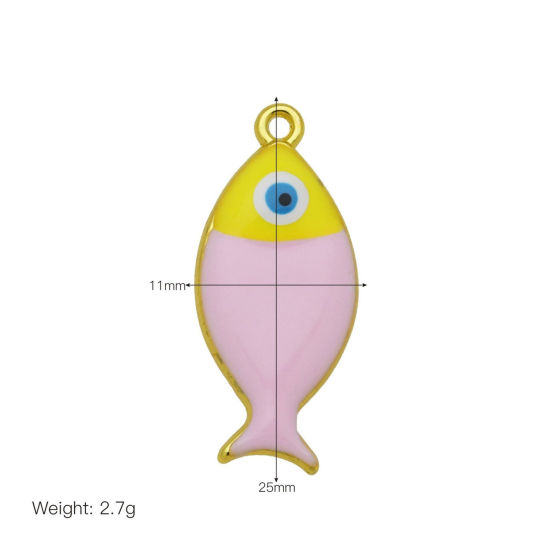 Bild von 2 Stück Messing Ozean Schmuck Charms Großhandel 18K Vergoldet Rosa Emaille Fisch 25mm x 11mm