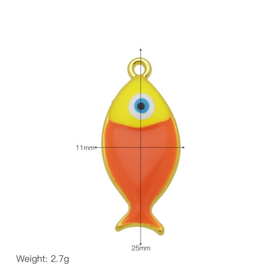 Bild von 2 Stück Messing Ozean Schmuck Charms Großhandel 18K Vergoldet Orange Emaille Fisch 25mm x 11mm