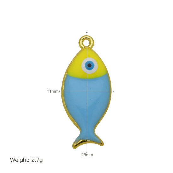 Bild von 2 Stück Messing Ozean Schmuck Charms Großhandel 18K Vergoldet Azurblau Emaille Fisch 25mm x 11mm